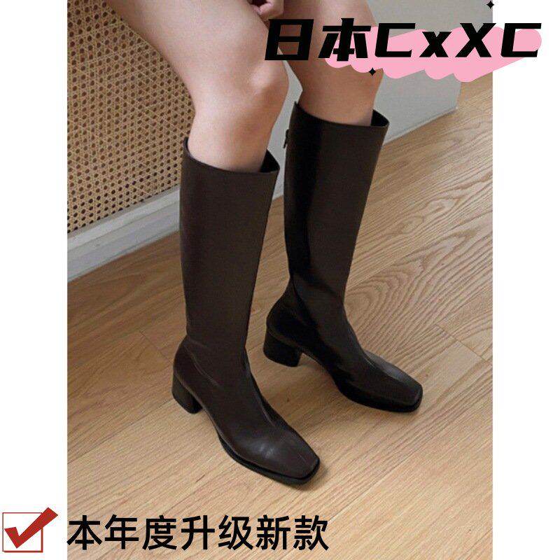 韩国新款后拉链不过膝中筒骑士靴粗中跟显瘦长筒靴子YY58