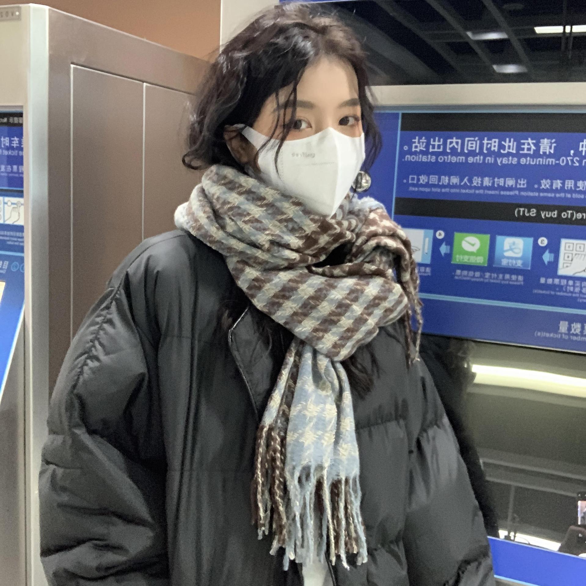 学生复古简约格纹围脖流苏韩版百搭保暖拼色格子围巾女冬季SD61
