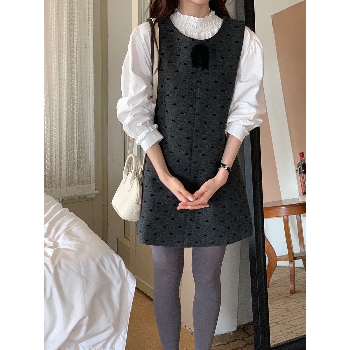 50羊毛波点背心连衣裙女2025新款复古高级感显瘦毛呢中长款裙ce25