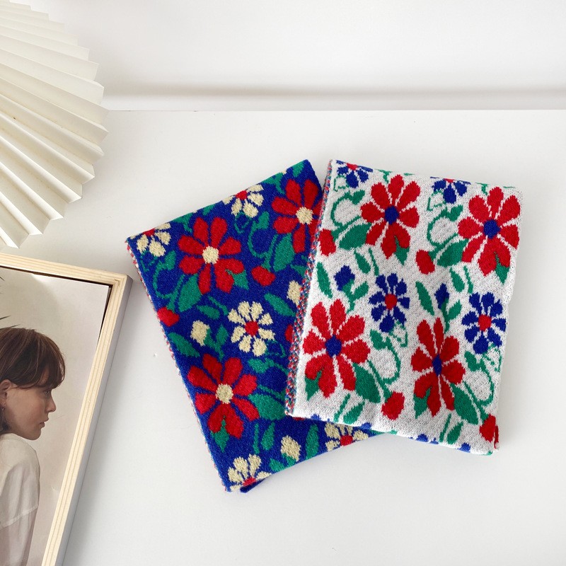 复古文艺炫彩花朵针织短围巾女秋冬保暖舒服小众泫雅风围脖学SD14