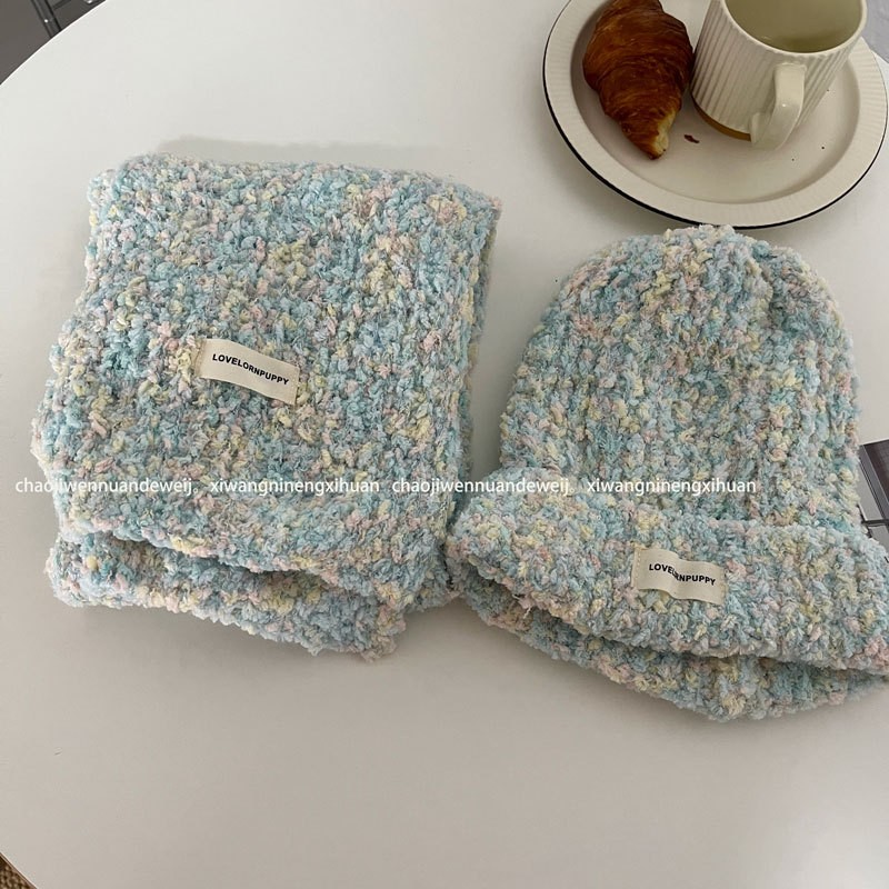 【套装】小众麻花糖果色秋冬季毛茸茸百搭毛线帽围巾时尚保暖SD84