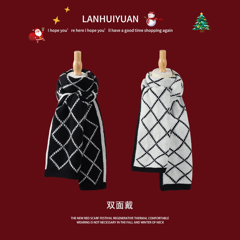 红色圣诞针织围巾女冬季韩版百搭格子新年毛线围脖加厚保暖学HB84
