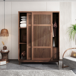 日式全实木衣柜格栅推拉门家用卧室小户型简约现代衣橱移滑门定制