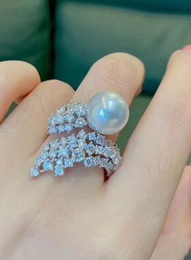 陪你去看流星雨14mm深海贝壳极光珍珠镶钻环绕星河绝美气质戒指