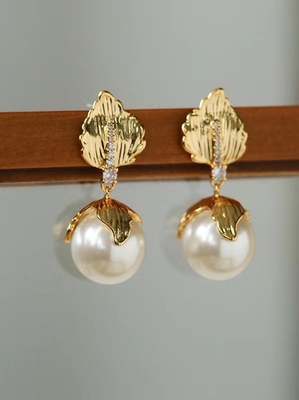 古董风树叶闪钻16mm极光澳白真多麻色高级感珍珠耳环耳坠vintage