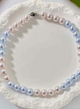 法式轻奢渐变色雾霾蓝澳白色水晶珍珠高级感气质项链女款2025新款