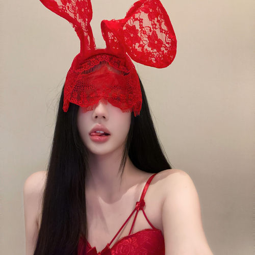 性感cos兔女郎面罩发箍红色蕾丝发箍面罩万圣节cos禁欲系网纱面罩