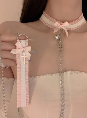 蕾丝蝴蝶结项圈猫咪铃铛狗choker颈带少女高级感牵引绳情趣锁骨链