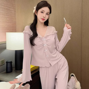 高级感带胸垫睡衣女款 宫廷风蕾丝花边外穿家居服 春秋季 莫代尔长袖