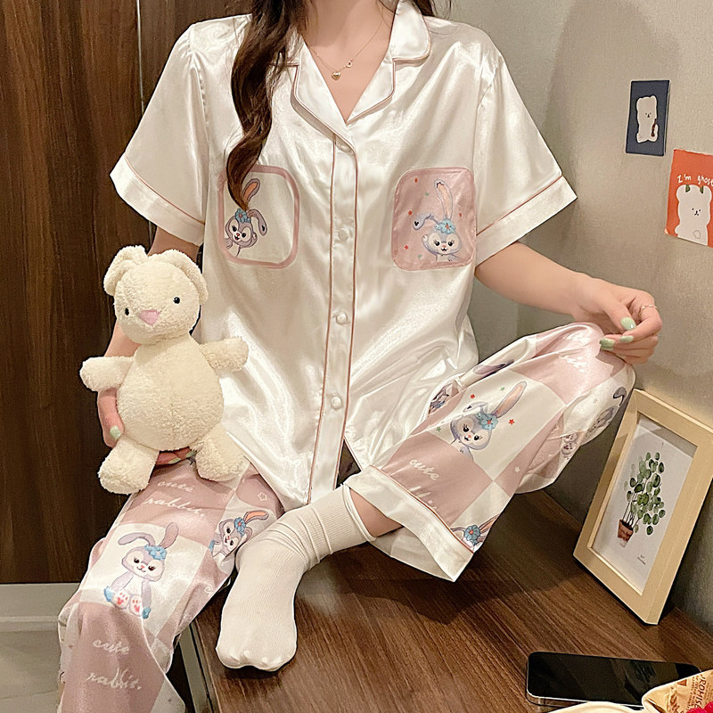 睡衣女夏天薄款冰丝绸短袖长裤2022年新款可爱网红韩版春秋家居服