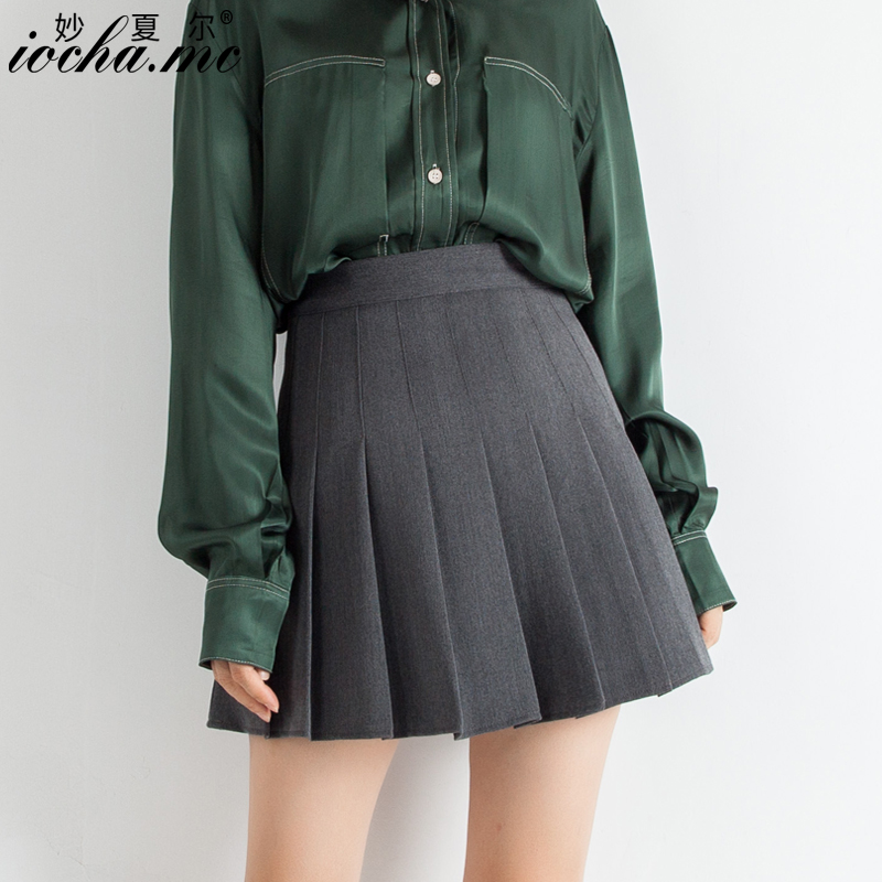 灰色西装tb百褶裙短裙女秋冬2020新款高腰a字裙显瘦黑色半身裙子