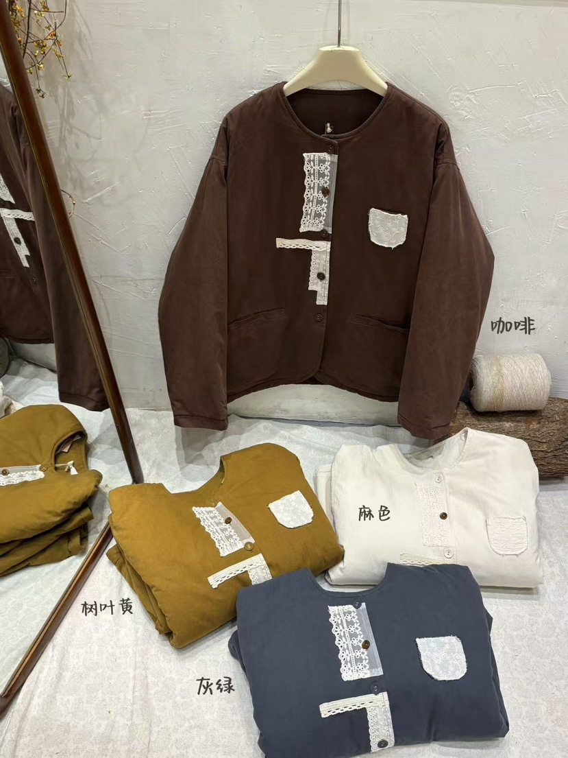 2025秋冬季新款门襟拼接刺绣蕾丝棉服外套