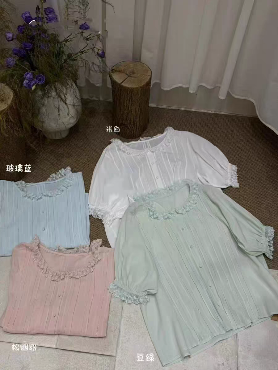日系小众花边领衬衫女夏森系温柔风气质宽松休闲风琴褶五分袖上衣