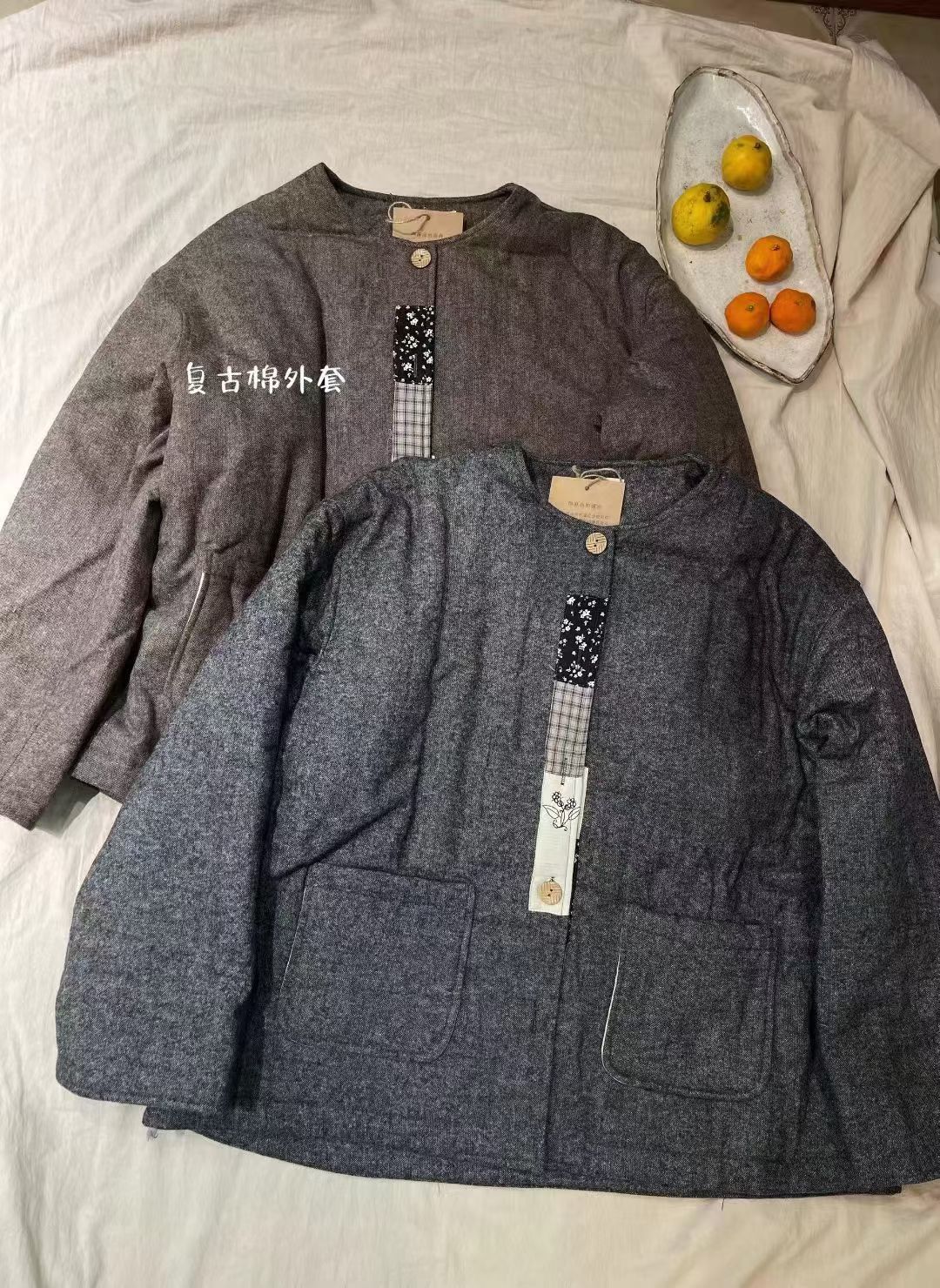 2025冬季新款韩版圆领麻料门襟设计夹棉外套