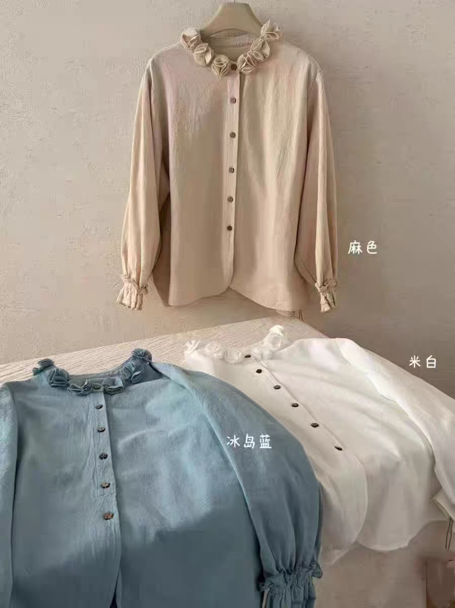 2026年春款日系甜美宽松复古圆领小花纯棉宽松显瘦百搭衬衣