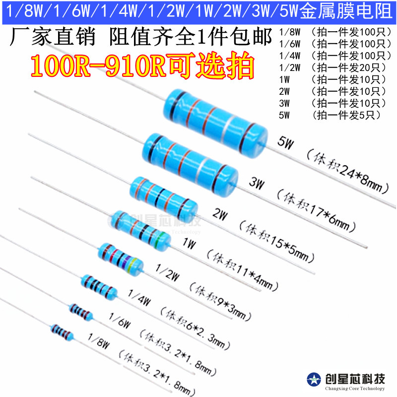 金属膜电阻器100R-910R欧