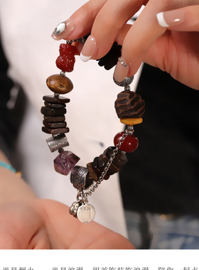 S925纯银复古天然沉香蜜蜡手链