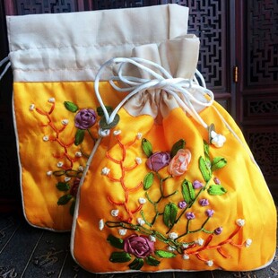 丝绸首饰袋 民族风手工绣花铜钱抽包高档锦囊小布袋佛珠袋正黄色