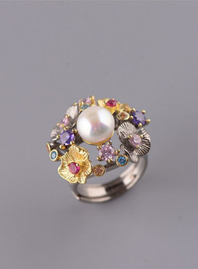 S925纯银复古镀金天然淡水珍珠花卉复古个性夸张女士食指开口戒指