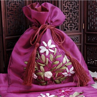 丝绸首饰袋 民族风手工绣花流苏抽包布艺首饰袋喜糖袋紫红色