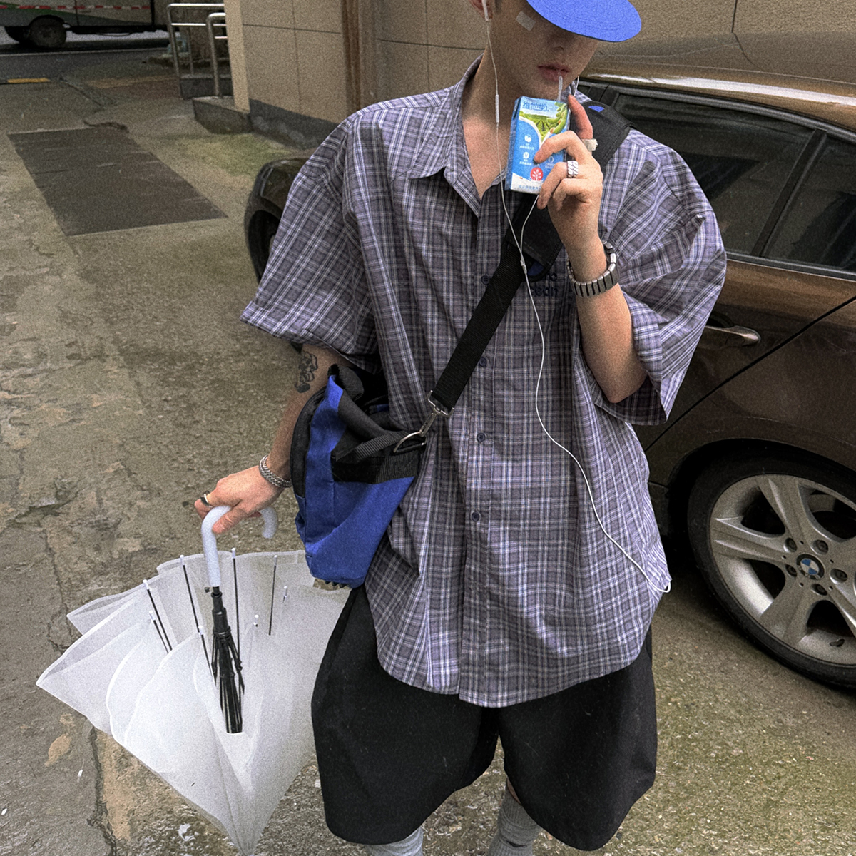 Aurocean 学院少年感小格子短袖衬衫 轻凉纯棉宽松大版灰紫色衬衣