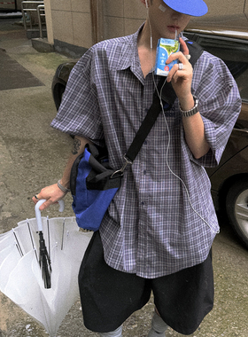 Aurocean 学院少年感小格子短袖衬衫 轻凉纯棉宽松大版灰紫色衬衣