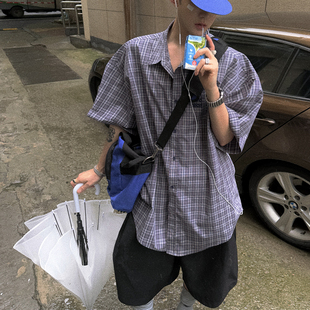 轻凉纯棉宽松大版 衬衫 灰紫色衬衣 学院少年感小格子短袖 Aurocean