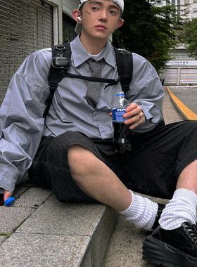 Aurocean 秋冬加厚复古学院衬衫 水洗纯棉灰蓝色磨损廓形衬衣外套