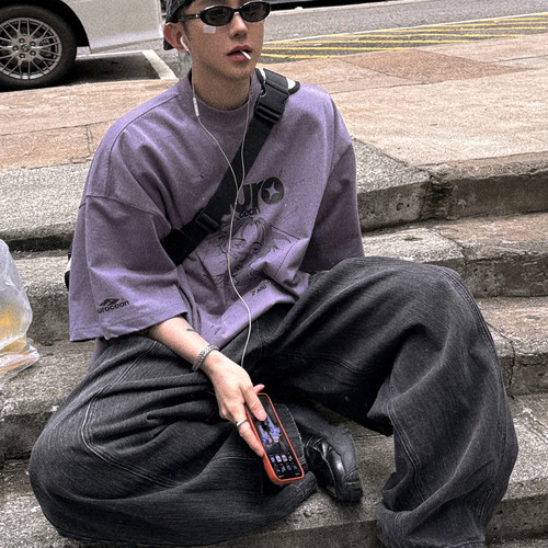 Aurocean 奶痞日漫少年丧脸T恤 灰紫色重磅纯棉复古做旧大版短袖