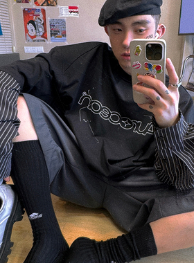 Aurocean 假两件黑色长袖T恤 320克重纯棉涂鸦印花衬衫袖大版t