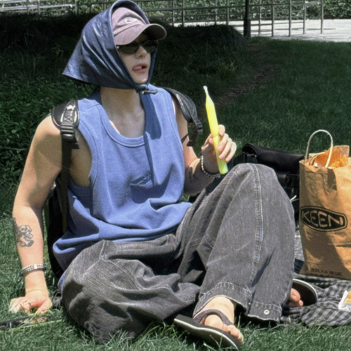 Aurocean 清凉蓝色罗纹背心 420克重磅纯棉进口刺绣宽松无袖T恤