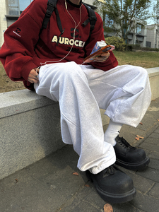 Aurocean 白灰运动卫裤 重磅加厚抓绒休闲宽松居家运动阔腿裤