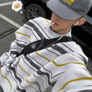 细节破损做旧抗起球重磅针织衫 Aurocean 奶帅少年感撞色条纹毛衣