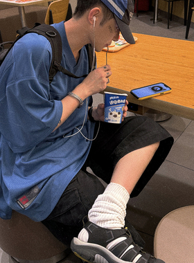 Aurocean 重磅纯色复古橄榄球衣 定制面料少年感蓝色oversizeT恤