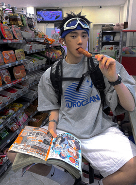 Aurocean 花灰色T恤 热固油墨印花320克重磅全棉宽肩廓形短袖