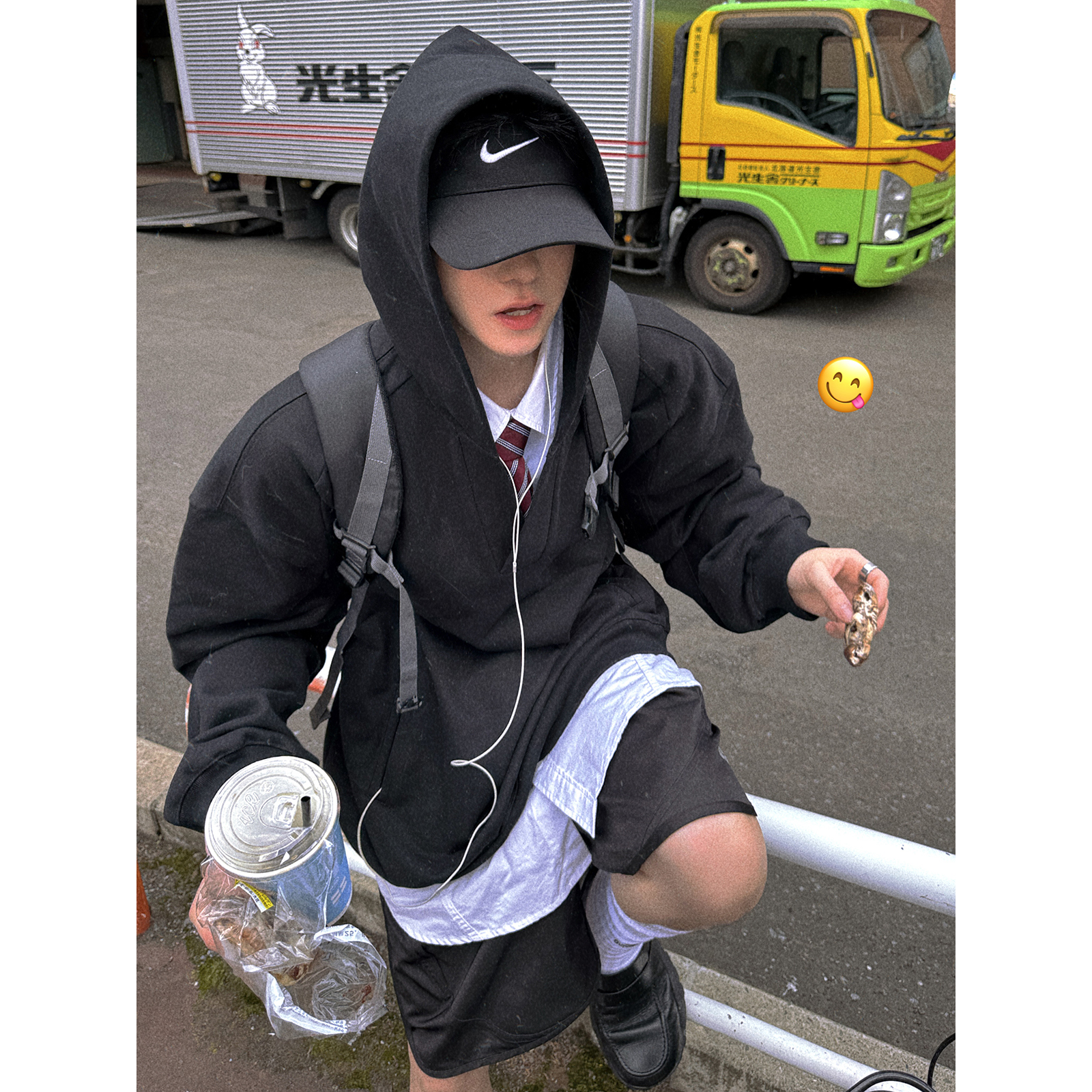 Aurocean V领学院连帽卫衣 440克重磅纯棉宽短廓形黑色帽衫