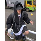 440克重磅纯棉宽短廓形黑色帽衫 Aurocean V领学院连帽卫衣