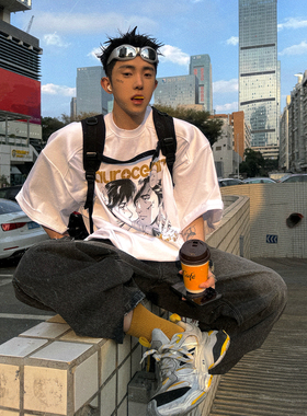 Aurocean 复古旧漫T恤 日漫少年320克重磅全棉磨损做旧印花短袖