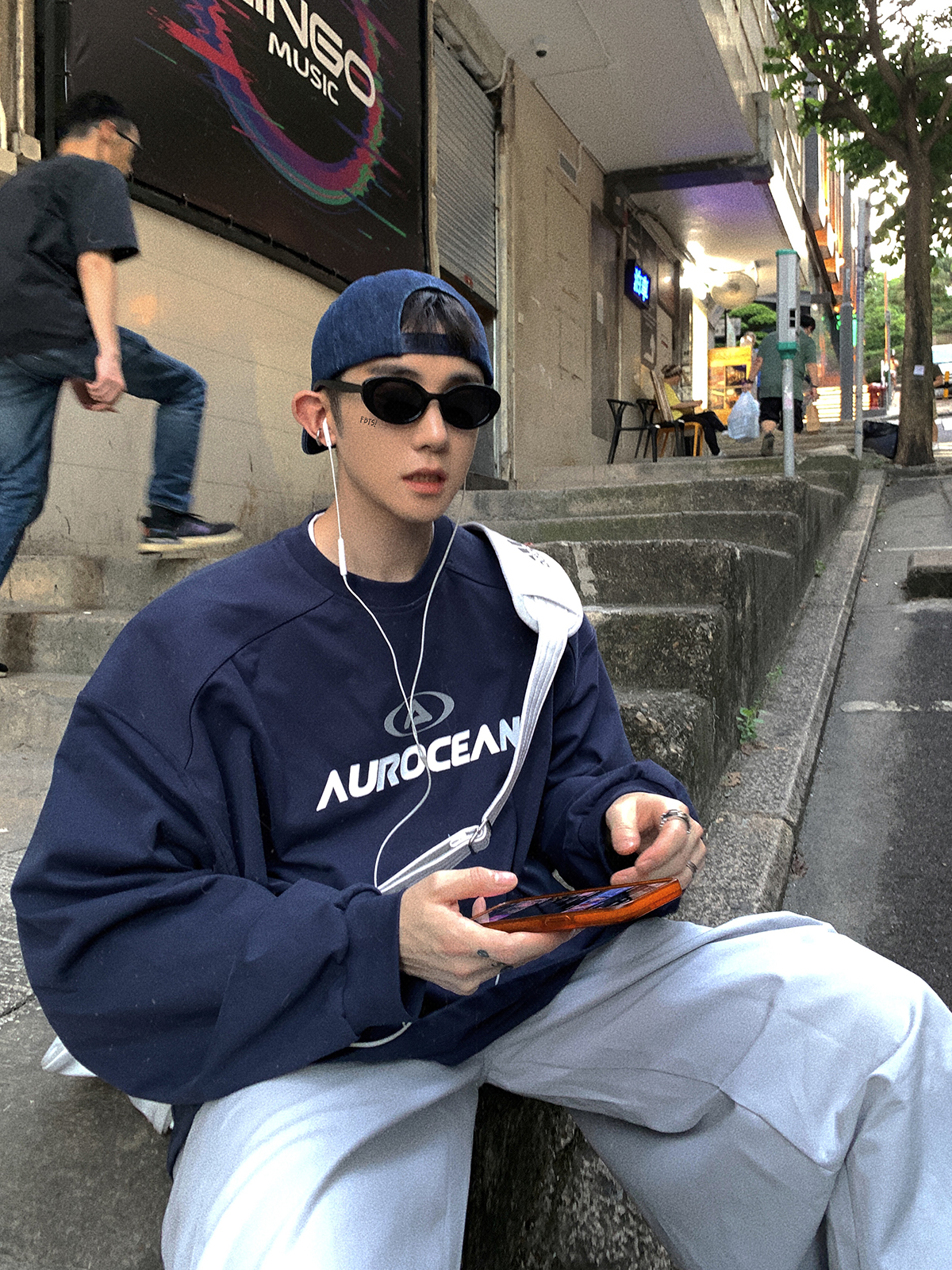 Aurocean藏青长袖T恤重磅全棉