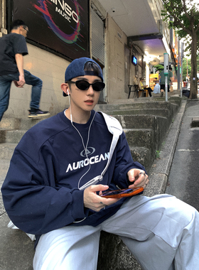 Aurocean 藏青长袖T恤 newvintage320克重磅全棉厚版印花秋冬打底