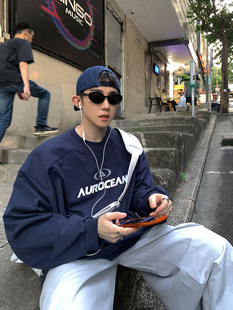 newvintage320克重磅全棉厚版 T恤 印花秋冬打底 藏青长袖 Aurocean