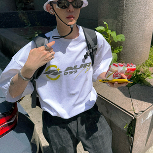 Aurocean 千禧少年感白色油墨印花T恤 重磅纯棉破损做旧短袖t