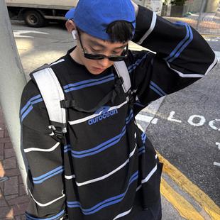 日系少年感320克刺绣宽松大版 T恤 定制奶蓝条纹长袖 Aurocean