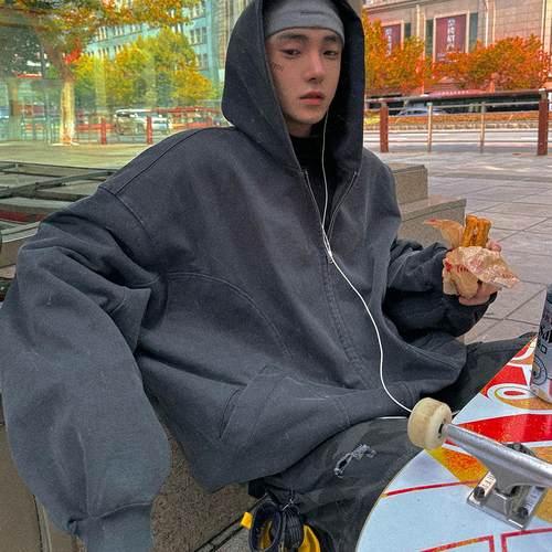 Aurocean 水洗冷铁灰连帽开衫卫衣 重磅纯棉短宽解构外套