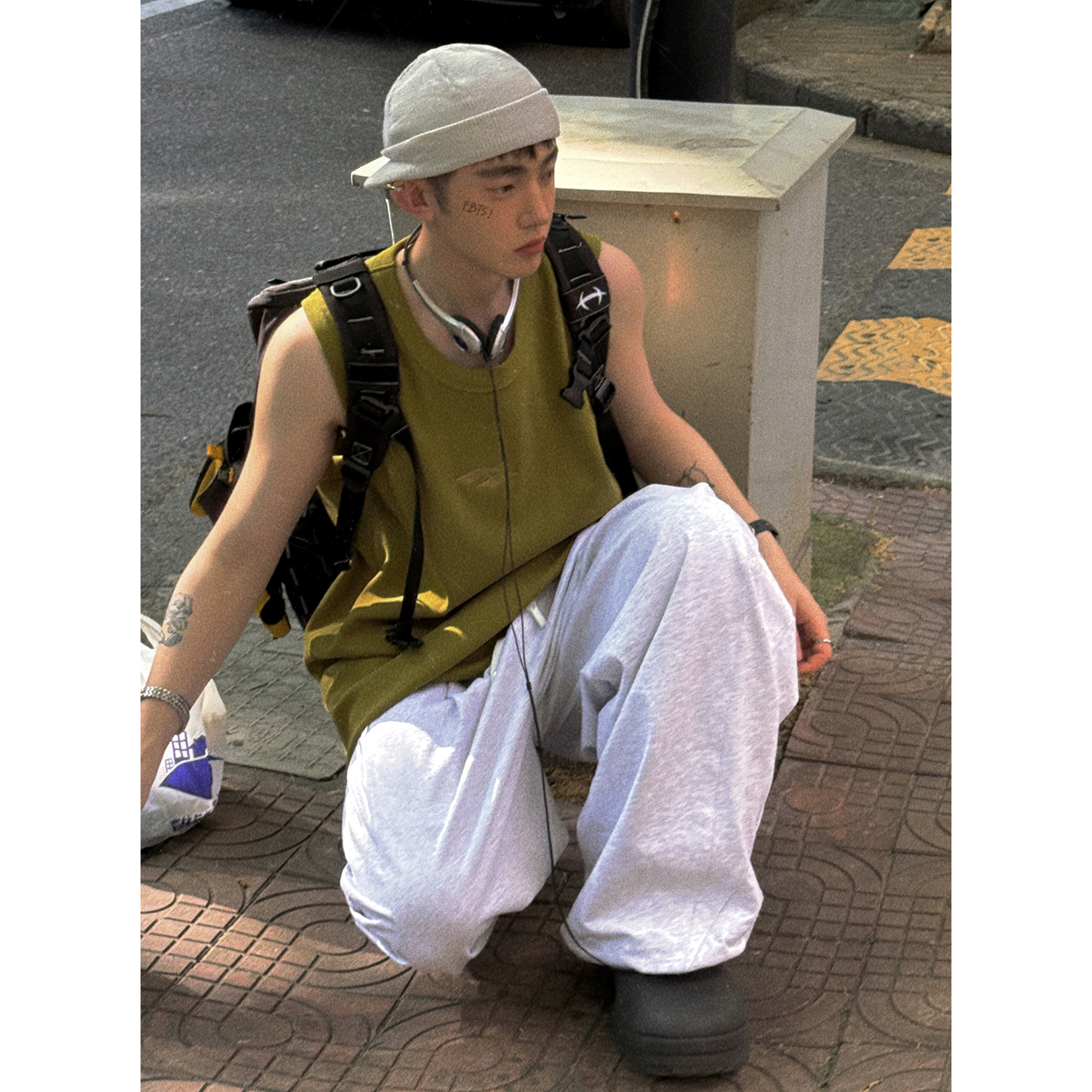 Aurocean 元气果绿色罗纹背心 420克重磅纯棉进口刺绣宽松无袖T恤