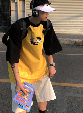 Aurocean 插肩袖T恤 320克重磅全棉美式复古黑黄拼接宽松大版短袖