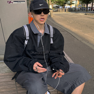 Aurocean 水洗做旧拼接Polo领卫衣 进口刺绣宽松大版秋冬内搭