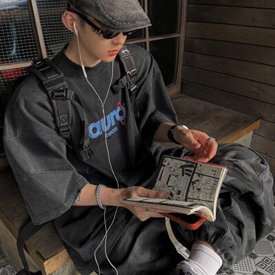 Aurocean 水洗做旧黑色短袖T恤 320克重磅纯棉热固油墨印花大版t