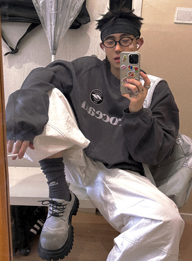 Aurocean 徽章刺绣球衣T恤 深灰色宽松大版秋冬内搭长袖t