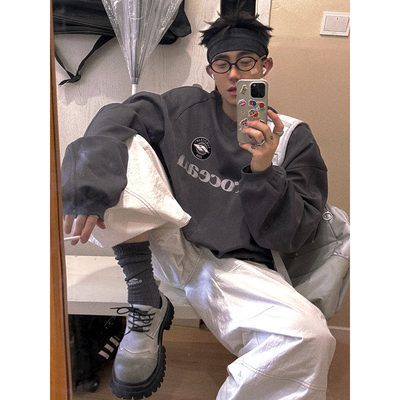 Aurocean 徽章刺绣球衣T恤 深灰色宽松大版秋冬内搭长袖t